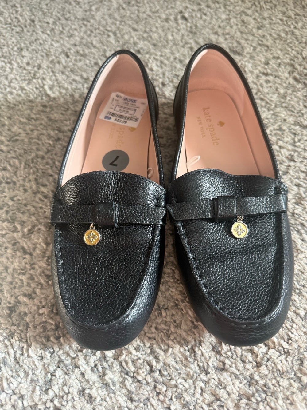 kate spade Black Pebbled Leather Loafers with Gold Charm